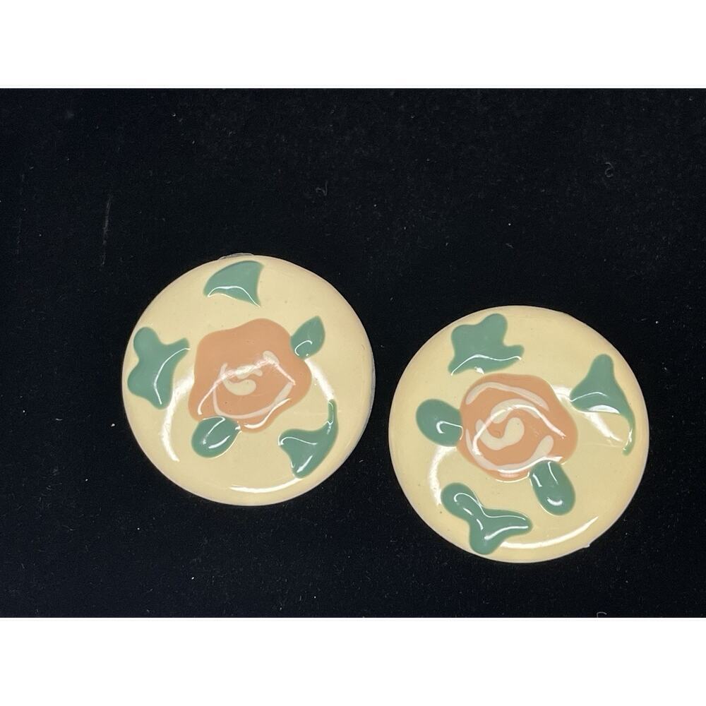 Vintage 80s Cream Floral Medallion Retro Enameled Earrings Large Post